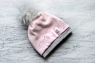 Detské čiapky - Zimná čiapka Obojstranná s Odopínacím brmbolcom veveričky pink & gray - 11126362_