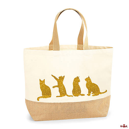  - RÔZNE VEĽKOSTI - plátená taška s jutou - "gold cats" (veľkosť "L" (38x44x18cm)) - 11127794_