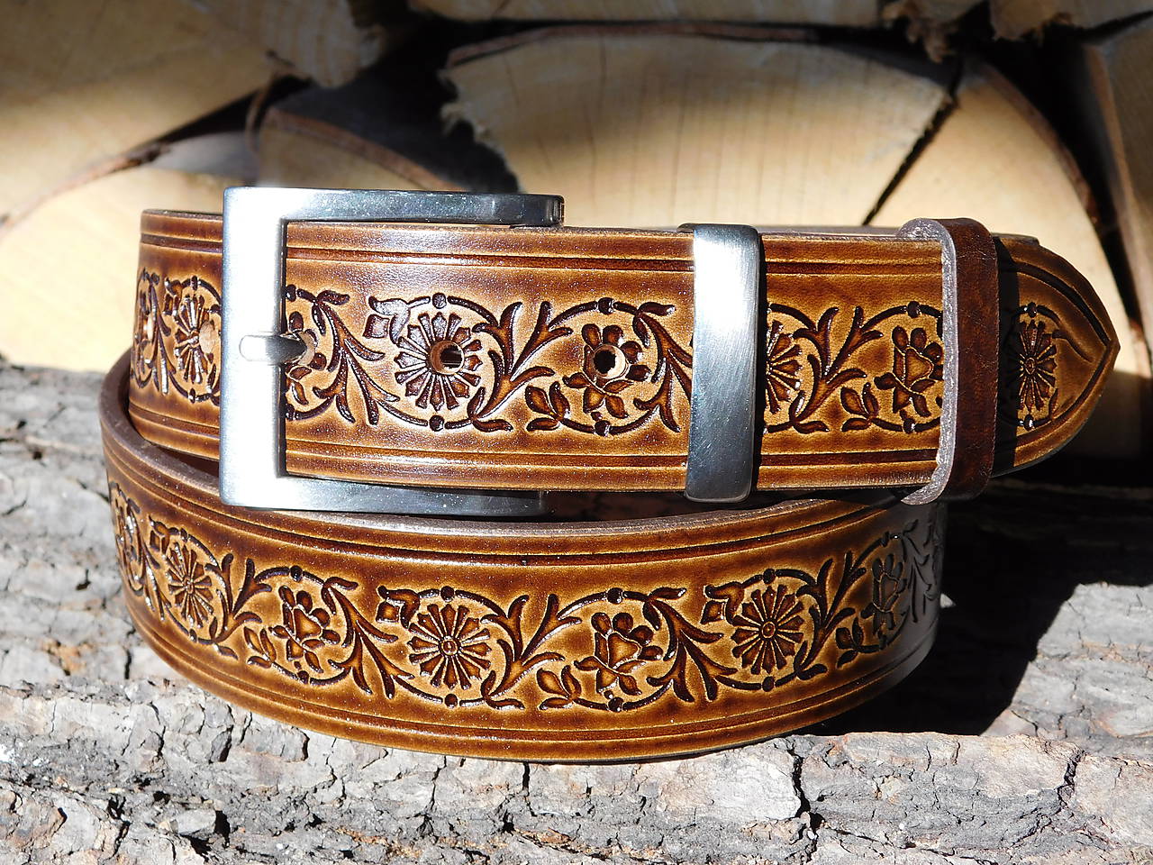 Kožený opasok 4cm - Ľudový kvietok 