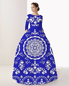 Šaty - FLORAL FOLK " Slovenská ornamentika ", spoločenské dlhé šaty (Modrá parížska + biely akvarel) - 11144095_