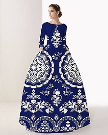 Šaty - FLORAL FOLK " Slovenská ornamentika ", spoločenské dlhé šaty (Modrá tmavá  + biely akvarel) - 11153072_