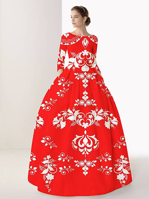 FLORAL FOLK " Slovenská ornamentika ", spoločenské dlhé šaty (červená + biely vzor)