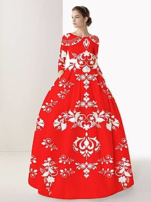 Šaty - FLORAL FOLK " Slovenská ornamentika ", spoločenské dlhé šaty (červená + biely vzor) - 11167354_