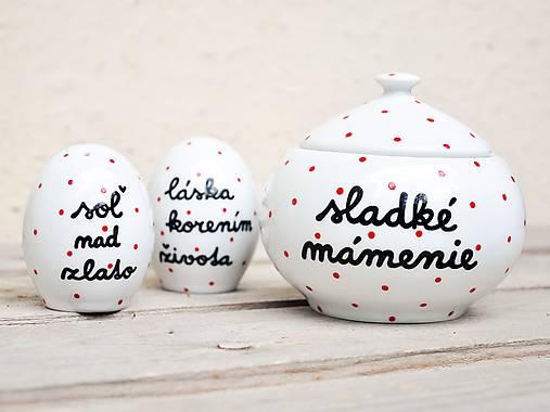 Nádoby - Soľnička + korenička + cukornička s nápisom (soľnička + korenička + veľká cukornička 300 ml) - 11172654_