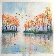Obrazy - originál akvarel Jeseň na jazere - 11189477_