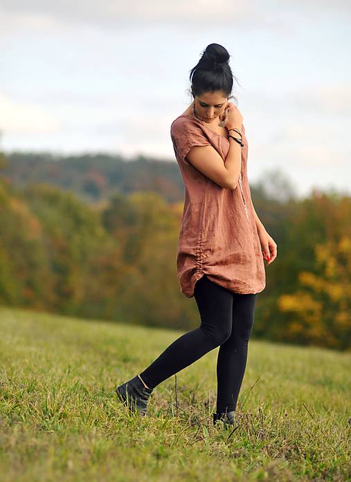 Topy, tričká, tielka - Lněný top / šaty - Terakota (S) - 11205897_