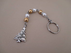 Kľúčenky - Kľúčenka alebo šperková dekorácia napr. na kabelku - vianočný stromček - bielo/zlatá - 11214672_