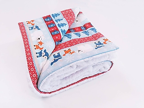 Detský textil - Biela ovečková deka s červeno-modrými zvieratkami 70*100cm - 11218863_