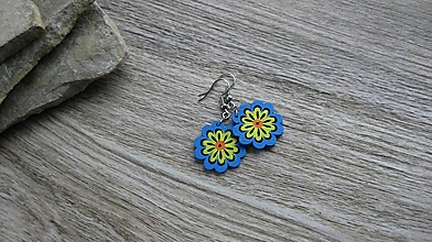 Náušnice - Drevené maľované náušnice malé kvety (modro žlté kvietky č. 2980) - 11251997_