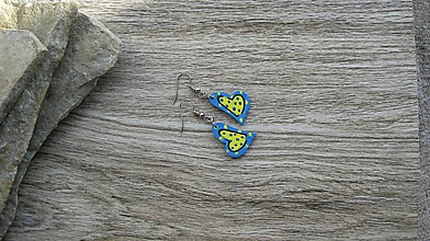 Náušnice - Drevené maľované náušnice malé srdiečka. (modro žlté, č. 2987) - 11252173_