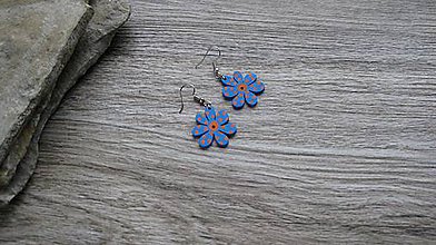 Náušnice - Drevené maľované náušnice malé kvety (modré, č. 3009) - 11283588_