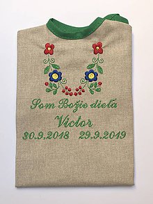 Detské oblečenie - Košieľka na krst K15 ľan, zelená výšivka, ozdobné písmo - 11337530_