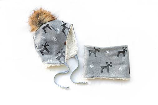 Detské súpravy - Zimný set s menom Reindeer grey & fleece cream - 11359369_