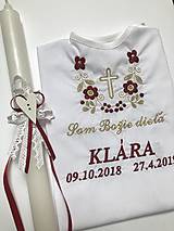 Detské oblečenie - košieľka na krst k14 bordovo-zlatá s krížikom veľké písmo a Sviečka na krst biela čipka a srdiečko s bordovou mašličko - 11361970_