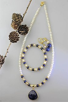 Sady šperkov - náhrdelník náramok a náušnice lapis a perla riečna - 11365354_