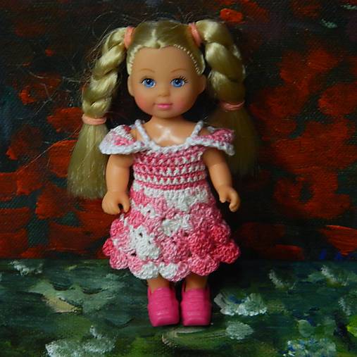  - háčkované šatičky pre 11 cm bábiku Evičku (ružovobiele) - 11377895_