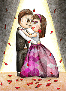 Kresby - Zamilovaný párik na plese (trojuholníkové šaty) - 11381591_