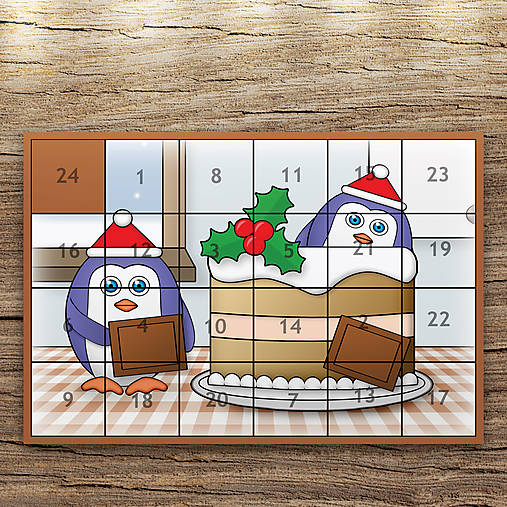 Adventný kalendár tučniaci v kuchyni (čokoládová torta)