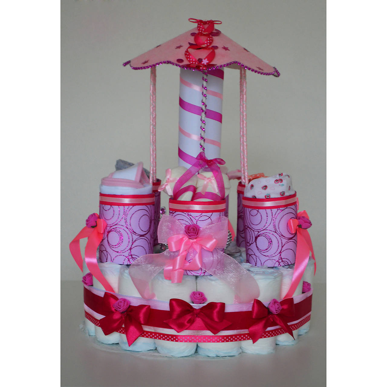  MAXI Plienková torta KOLOTOČ - ružový, modrý (Veľkosť plienok č.2 (3 - 6kg) - Ružová)