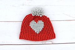 Detské čiapky - VÝPREDAJ! Červeno-šedá čiapka srdce EXTRA FINE - 11418948_