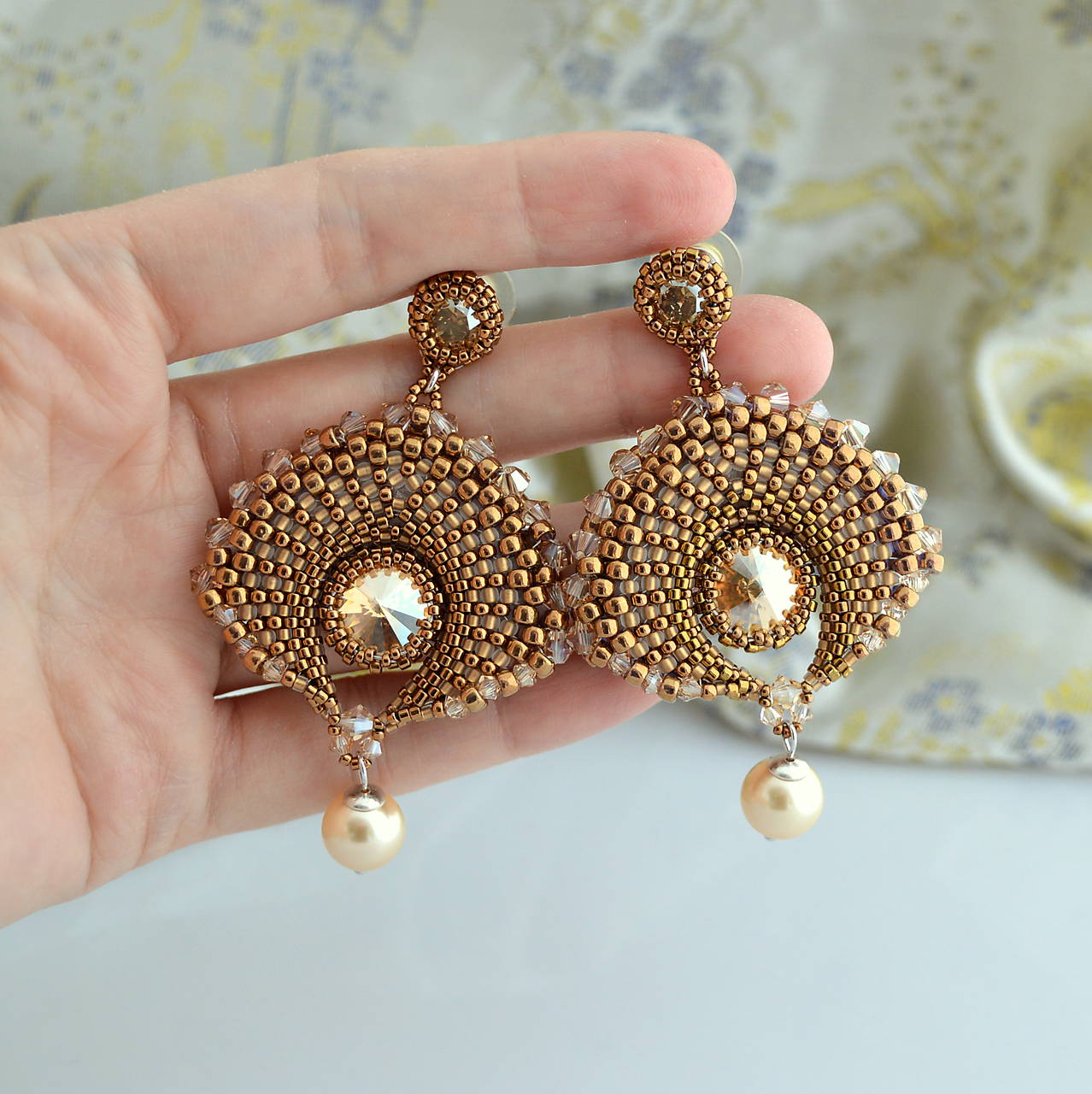 Unikátne 3D náušnice (chirurgická oceľ) (Medovo-zlaté s perlou)