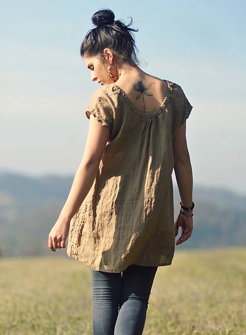 Topy, tričká, tielka - Lněný top / šaty - oříškově hnědé (S) - 11450414_