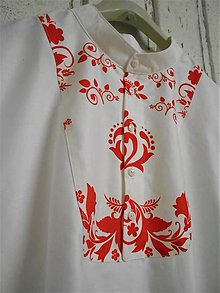 Pánske oblečenie - "FLORAL FOLK"  pánska  košeľa so stojačikom  (Krátky rukáv biela + červený ornament) - 11456709_
