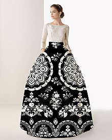 Sukne - FLORAL FOLK " Slovenská ornamentika ", spoločenská dlhá sukňa (čierna + biely akvarel) - 11461094_