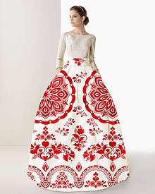 Sukne - FLORAL FOLK " Slovenská ornamentika ", spoločenská dlhá sukňa (biela + červený akvarel) - 11461098_