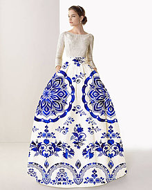 Sukne - FLORAL FOLK " Slovenská ornamentika ", spoločenská dlhá sukňa (biela + modrý akvarel) - 11461102_
