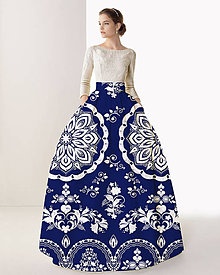 Sukne - FLORAL FOLK " Slovenská ornamentika ", spoločenská dlhá sukňa (modrá + biely akvarel - modrotlač) - 11461103_