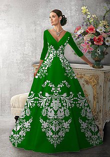 Šaty - FLORAL FOLK " Slovenská ornamentika ", spoločenské dlhé šaty (zelená + biely akvarel) - 11481124_