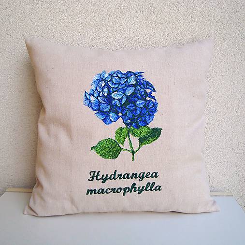 Ľanová obliečka na vankúš Hortenzia kalinolistá/Hydrangea macrophylla (modrá)