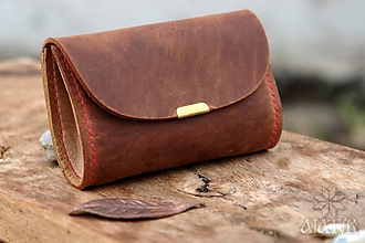 Peňaženky - Malá kožená peňaženka III. (Červenohnedá / hnedá, s červenou nitkou) - 11490549_