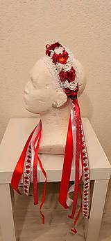 Ozdoby do vlasov - Červeno - biela kvetinová parta / čepiec s čipkou a stuhami - 11503647_