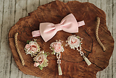 Opasky - Romantický ružový kvetinový set ( klipy na topánky, náušnice, motýlik) - 11508162_