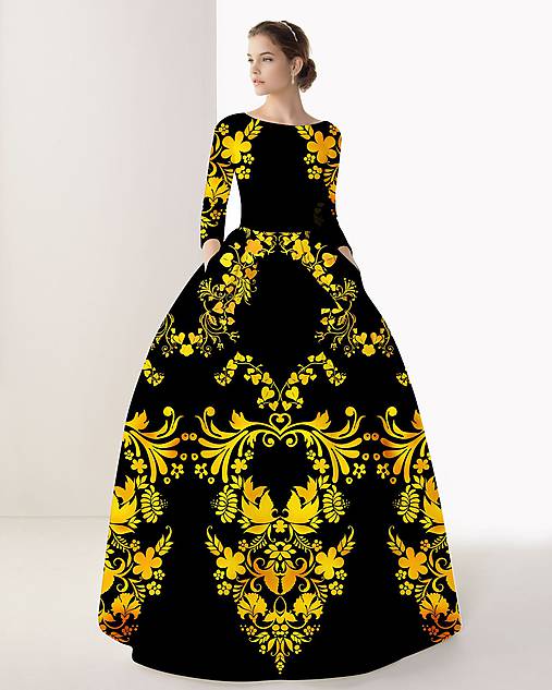FLORAL FOLK " Slovenská ornamentika ", spoločenské dlhé šaty (čierna + žltý akvarel)