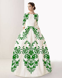 Šaty - FLORAL FOLK " Slovenská ornamentika ", spoločenské dlhé šaty (biela + zelený ornament) - 11519510_
