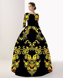 Šaty - FLORAL FOLK " Slovenská ornamentika ", spoločenské dlhé šaty (čierna + žltý akvarel) - 11519539_