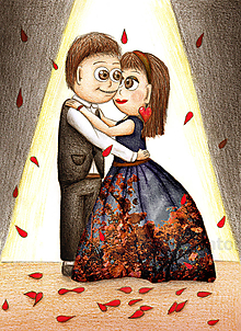 Kresby - Zamilovaný párik na plese (šaty z korún stromov) - 11522460_