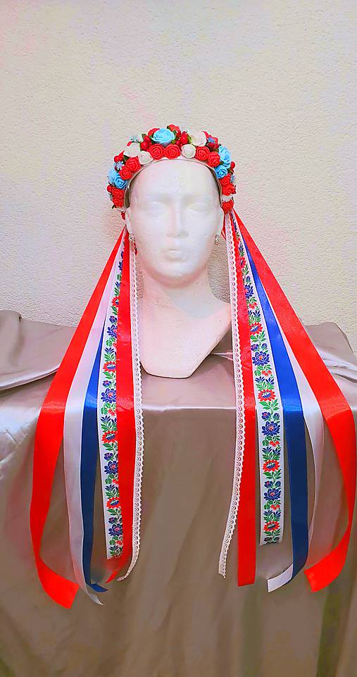 Ozdoby do vlasov - Červeno - modrá folklórna kvetinová parta do stuhami - 11526411_