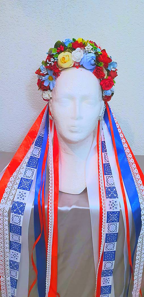 Ozdoby do vlasov - Pestrá folklórna kvetinová parta so stužkami - 11526467_
