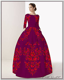 Šaty - FLORAL FOLK " Slovenská ornamentika ", spoločenské dlhé šaty (Tmavá vínová + bordový akvarel) - 11529531_