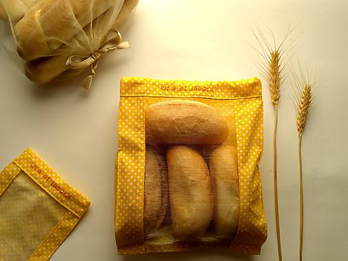  - Vrecúško na chlieb a pečivo - biele bodky na žltej (MINI) - 11537408_