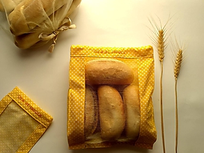 Úžitkový textil - Vrecúško na chlieb a pečivo - biele bodky na žltej (MINI) - 11537408_