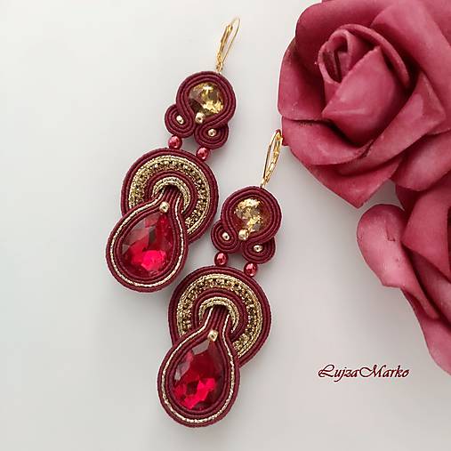 Náušnice - Gizela soutache náušnice  (Bordová) - 11536665_