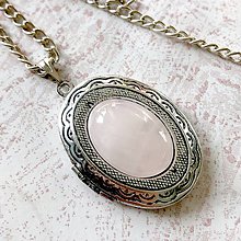 Náhrdelníky - Oval Gemstone Antique Silver Locket Necklace / Otvárací medailón (Rose Quartz) - 11541469_