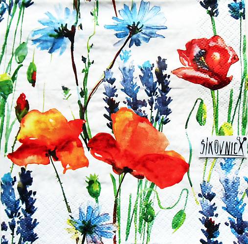 S1464 - Servítky - lúka, mak, lúčne kvety, akvarel