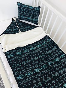 Detský textil - Detský fusak, Čičmany, OEKO-TEX®, čierno-tyrkysový - 11557158_