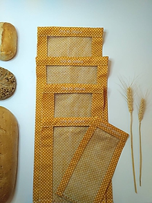 Úžitkový textil - Vrecúško na chlieb a pečivo - biele bodky na horčicovej - 11562261_